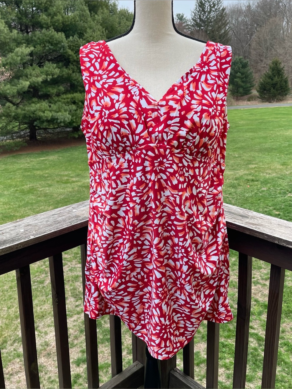 D & Co Beach swimsuit swimdress dress one piece skirted modest floral red 24 24W
